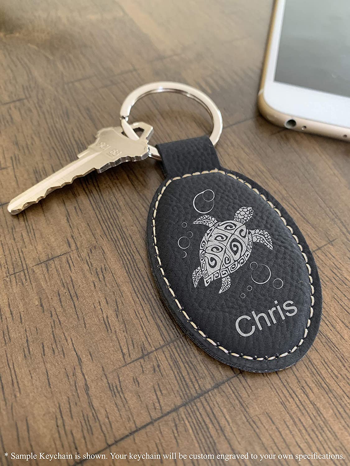 Faux Leather Oval Keychain, Tiger Head, Personalized Engraving Included