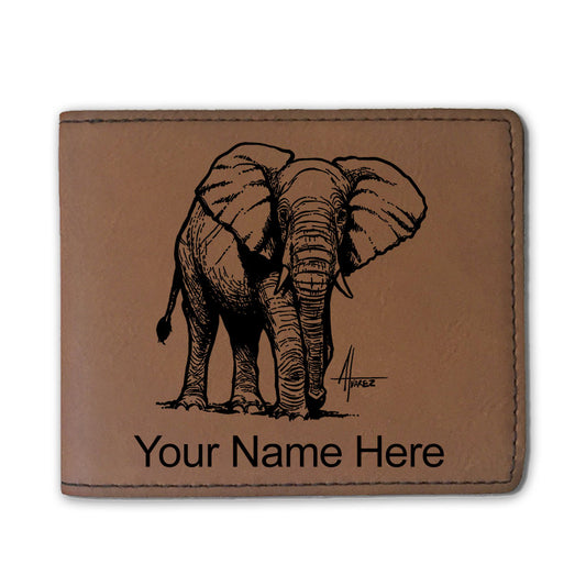 Faux Leather Bi-Fold Wallet, African Elephant, Personalized Engraving Included