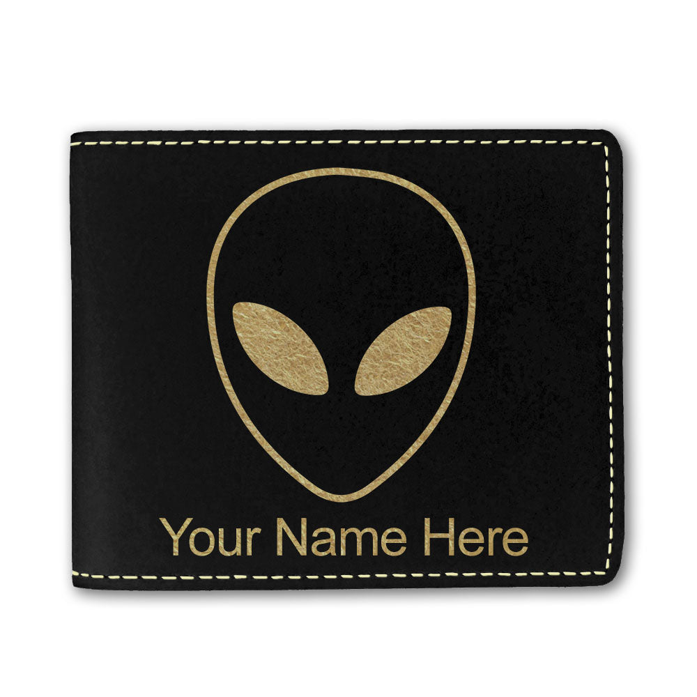 Faux Leather Bi-Fold Wallet, Alien Head, Personalized Engraving Included
