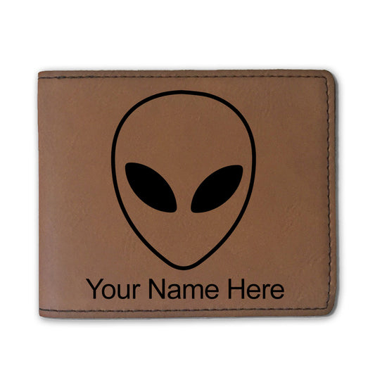 Faux Leather Bi-Fold Wallet, Alien Head, Personalized Engraving Included