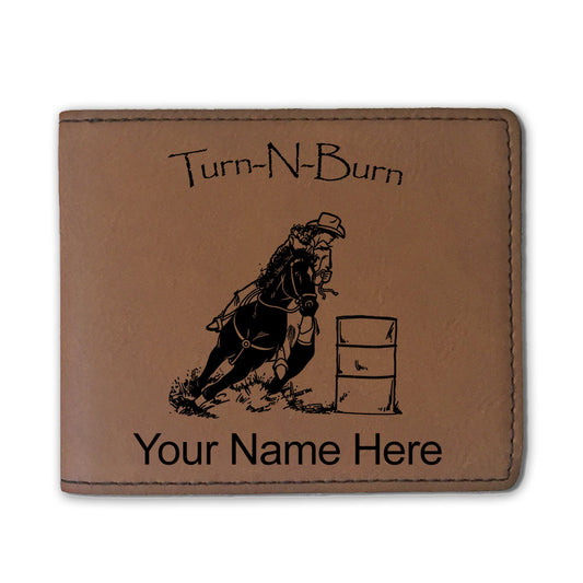 Faux Leather Bi-Fold Wallet, Barrel Racer Turn N Burn, Personalized Engraving Included