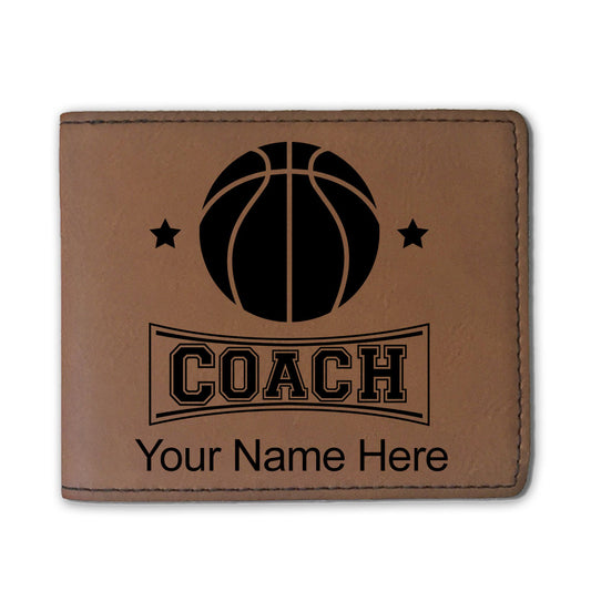 Faux Leather Bi-Fold Wallet, Basketball Coach, Personalized Engraving Included