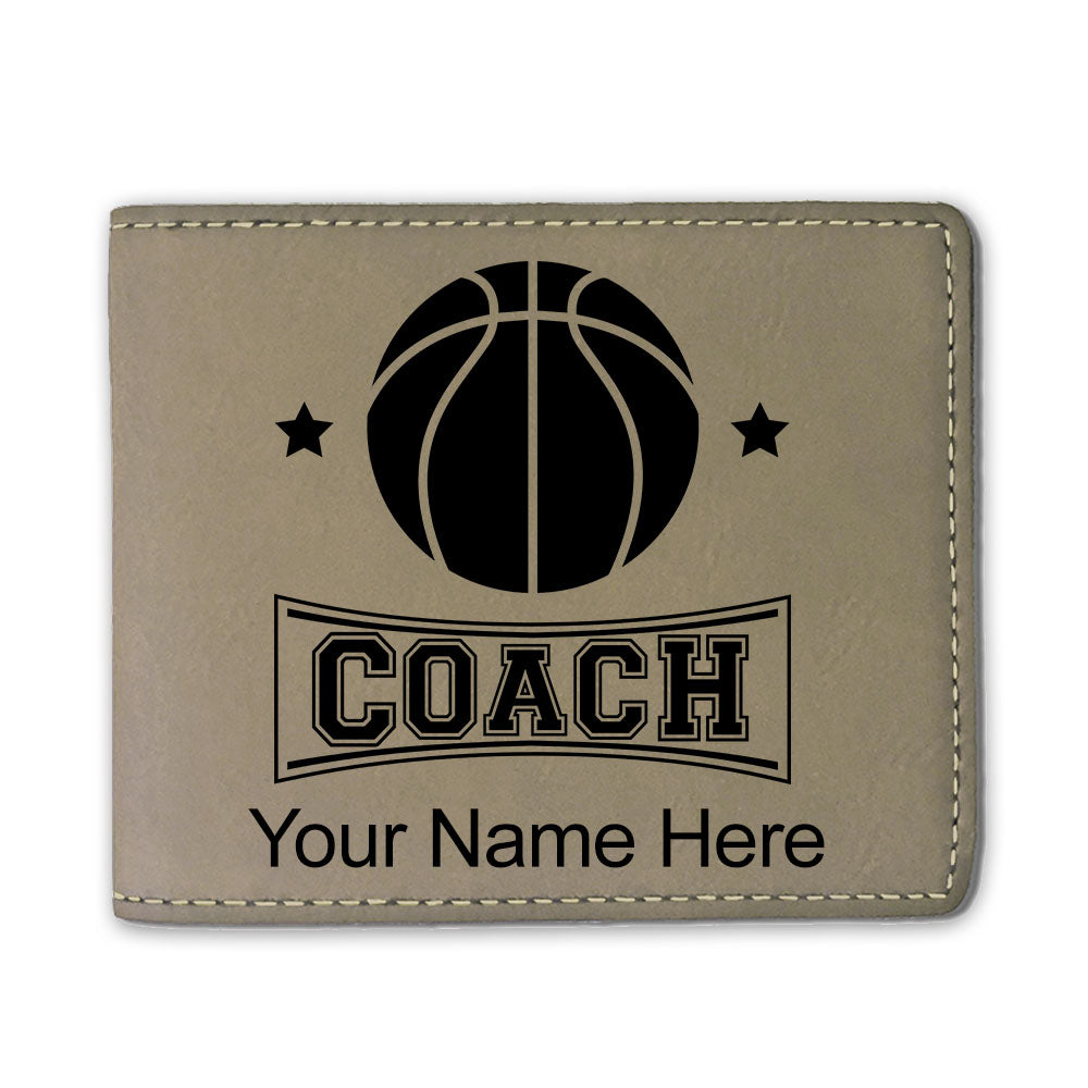 Faux Leather Bi-Fold Wallet, Basketball Coach, Personalized Engraving Included