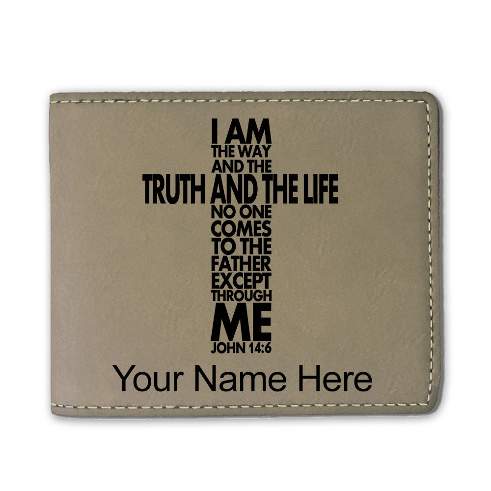 Faux Leather Bi-Fold Wallet, Bible Verse John 14-6, Personalized Engraving Included