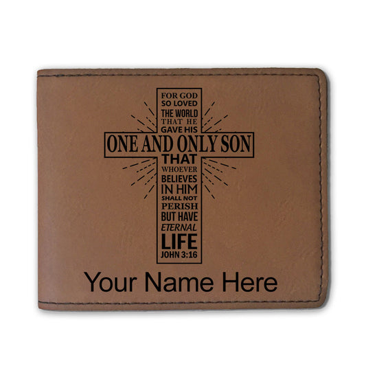 Faux Leather Bi-Fold Wallet, Bible Verse John 3-16, Personalized Engraving Included