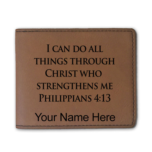 Faux Leather Bi-Fold Wallet, Bible Verse Philippians 4-13, Personalized Engraving Included