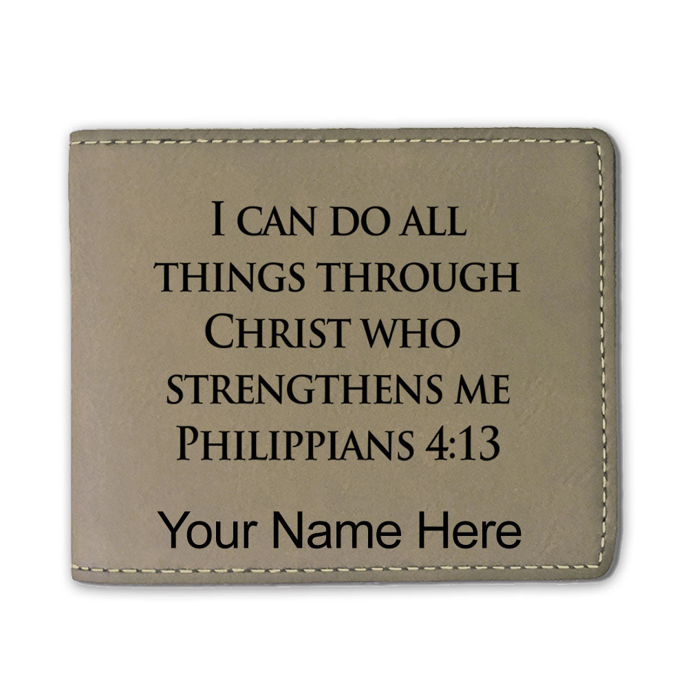 Faux Leather Bi-Fold Wallet, Bible Verse Philippians 4-13, Personalized Engraving Included