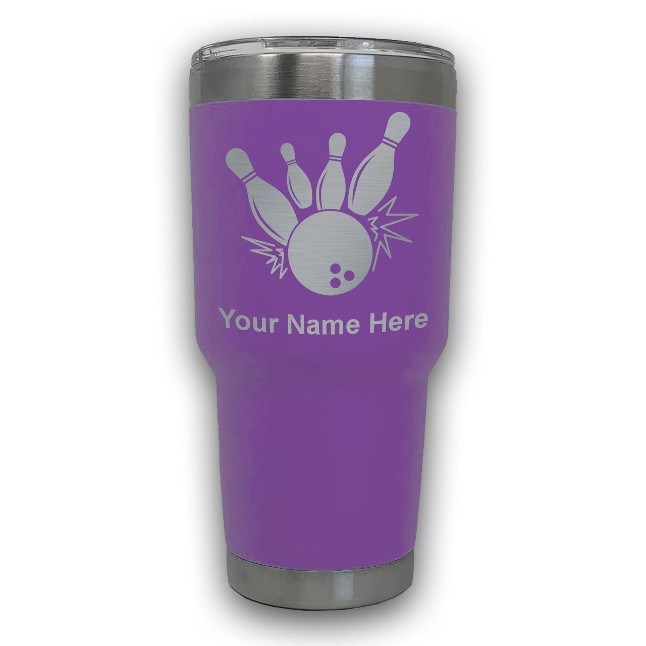LaserGram 30oz Tumbler Mug, Bowling Ball and Pins, Personalized Engraving Included