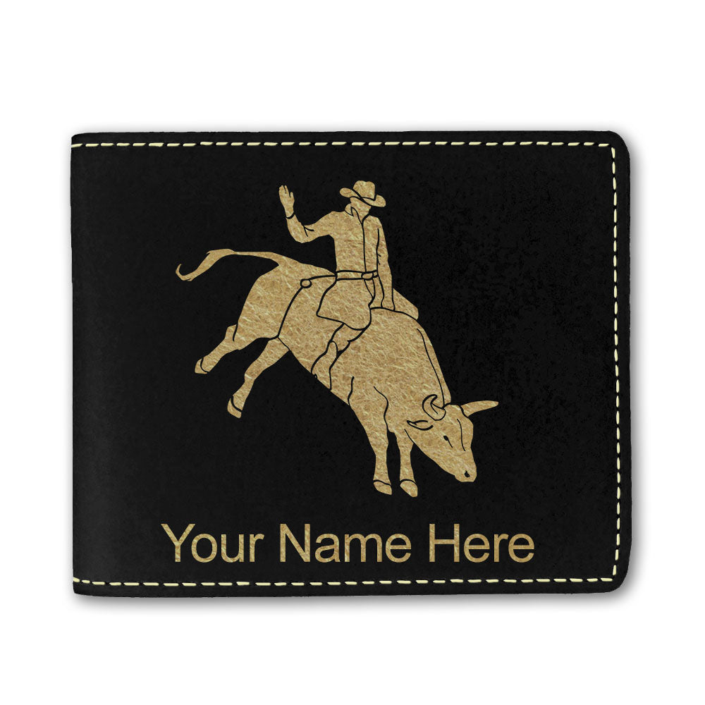 Faux Leather Bi-Fold Wallet, Bull Rider Cowboy, Personalized Engraving Included