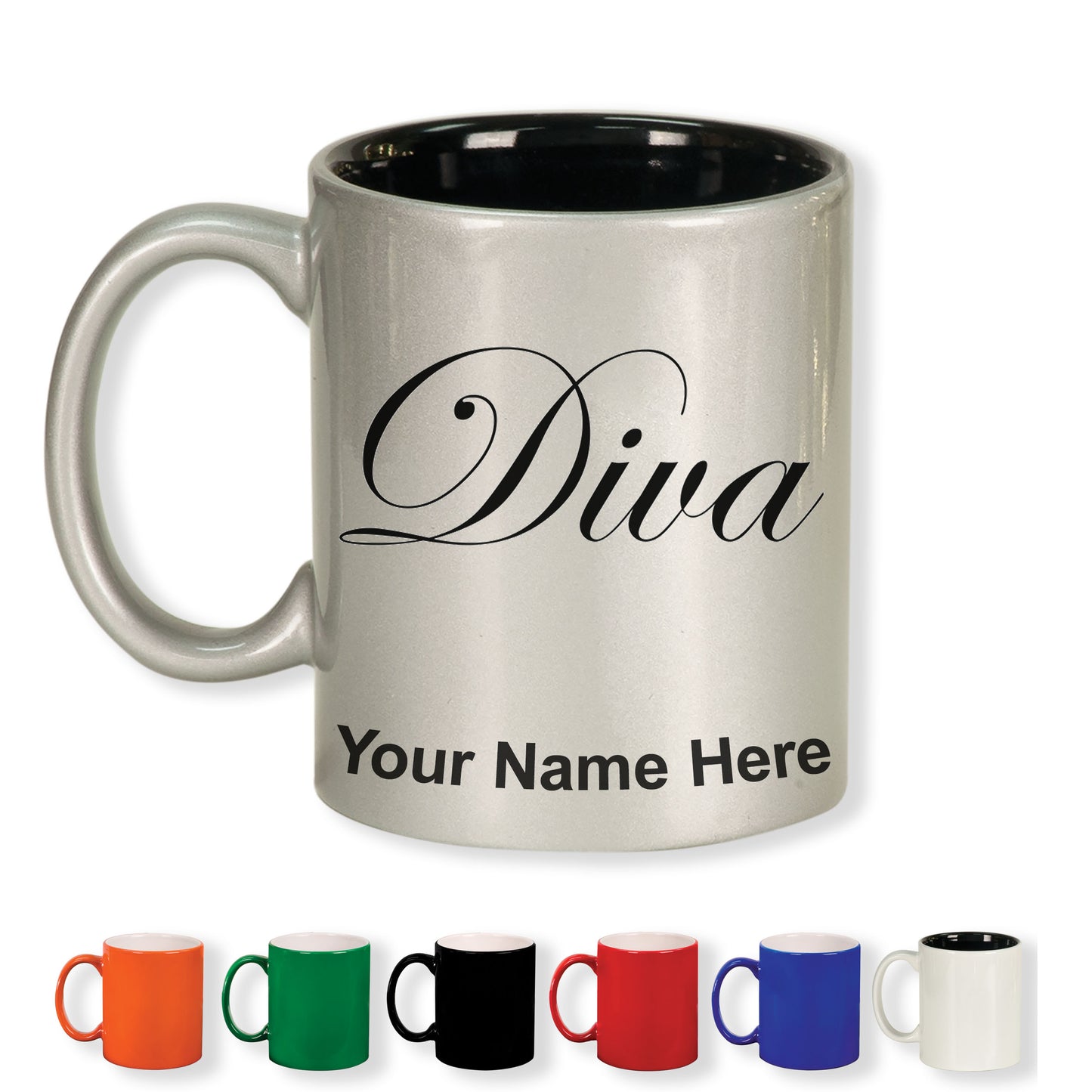 11oz Round Ceramic Coffee Mug, Diva, Personalized Engraving Included
