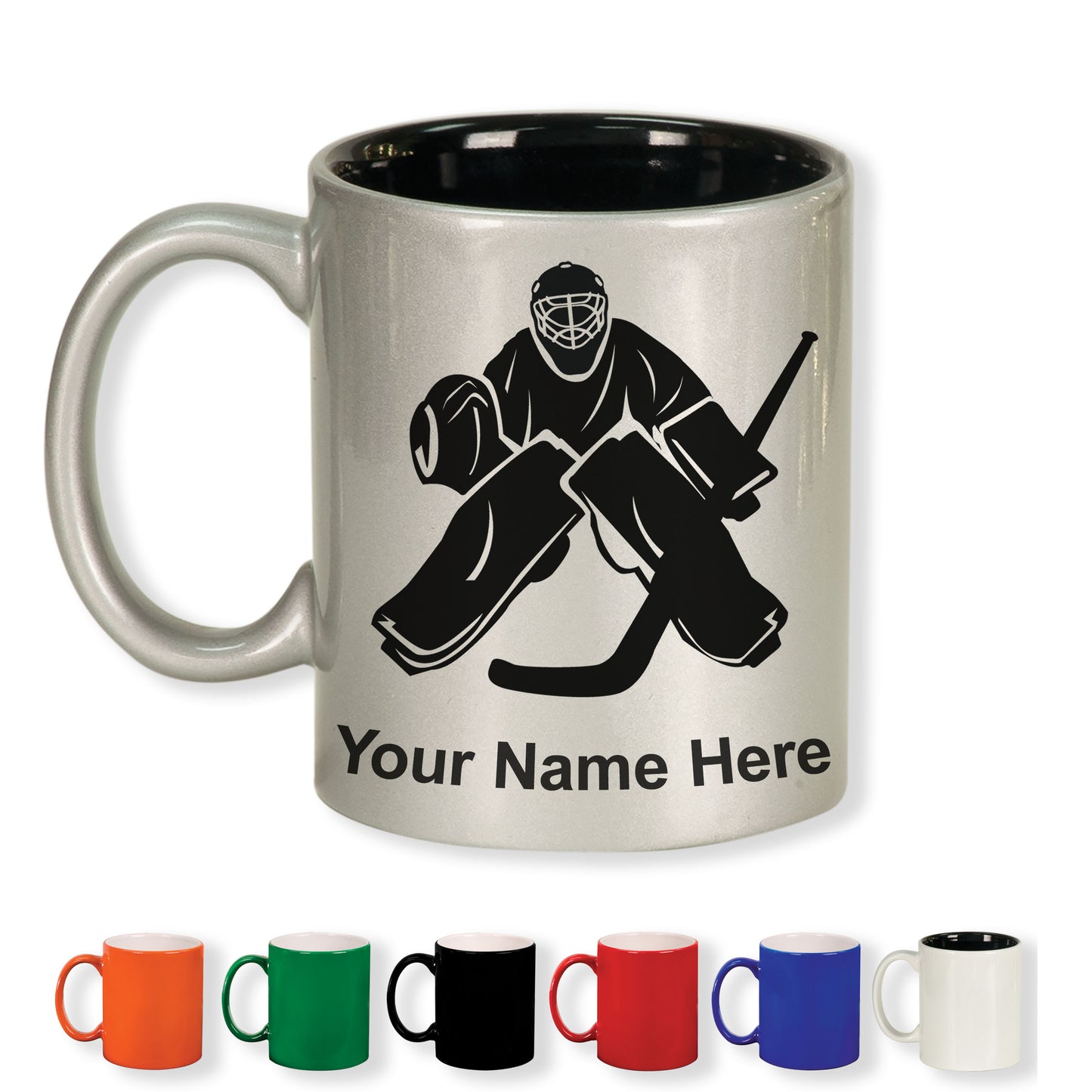 11oz Round Ceramic Coffee Mug, Hockey Goalie, Personalized Engraving Included