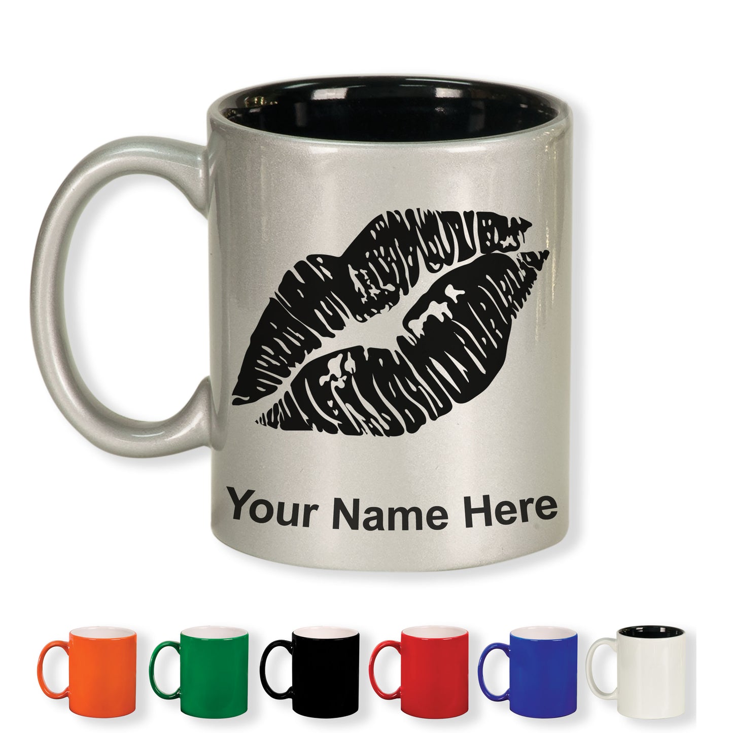 11oz Round Ceramic Coffee Mug, Lipstick Kiss, Personalized Engraving Included