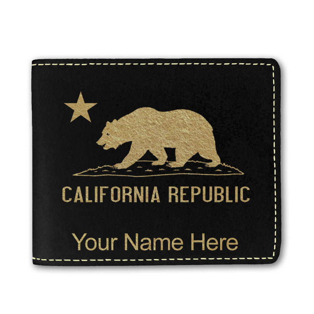 Faux Leather Bi-Fold Wallet, California Republic Bear Flag, Personalized Engraving Included