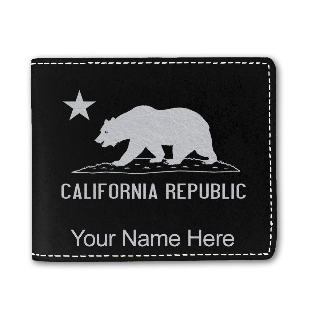 Faux Leather Bi-Fold Wallet, California Republic Bear Flag, Personalized Engraving Included