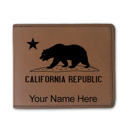 Faux Leather Bi-Fold Wallet, California Republic Bear Flag, Personalized Engraving Included