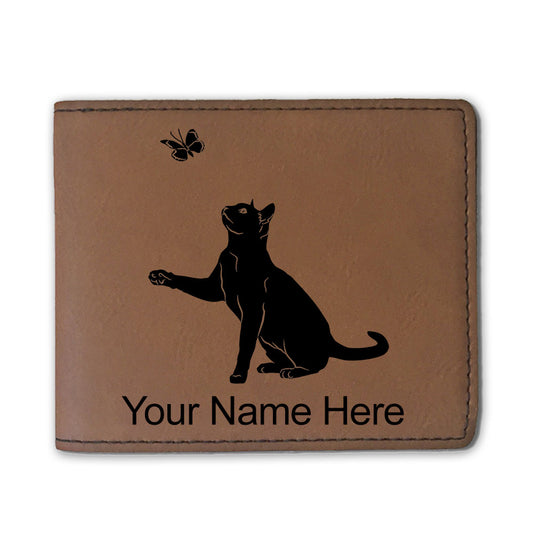 Faux Leather Bi-Fold Wallet, Cat with Butterfly, Personalized Engraving Included