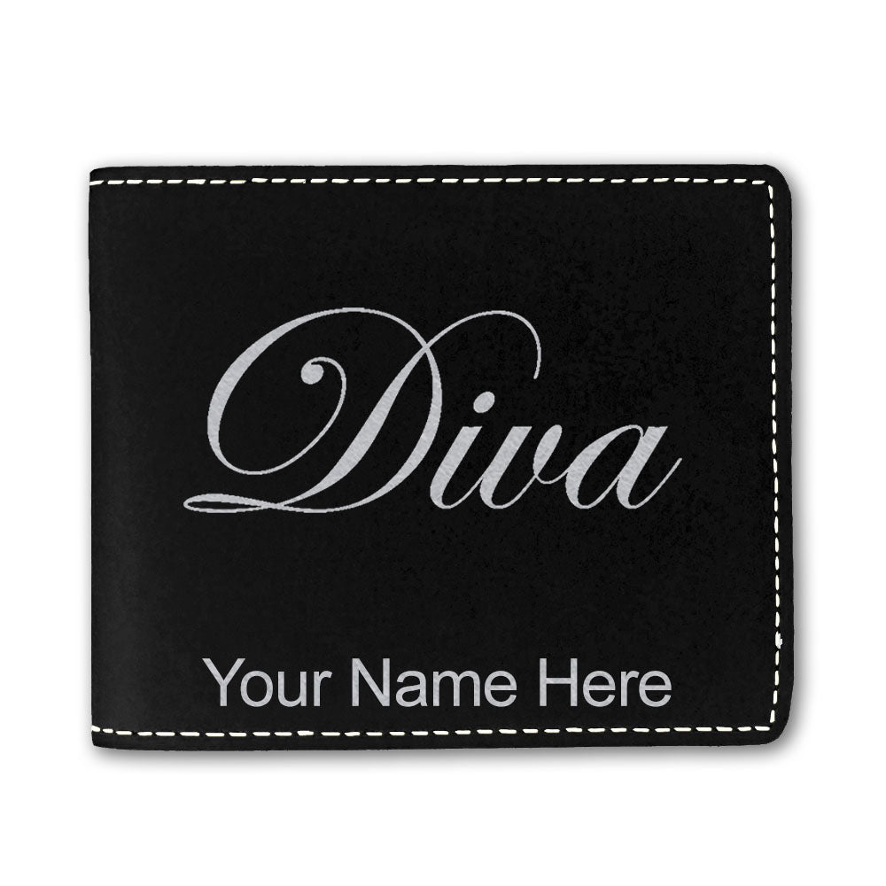 Faux Leather Bi-Fold Wallet, Diva, Personalized Engraving Included