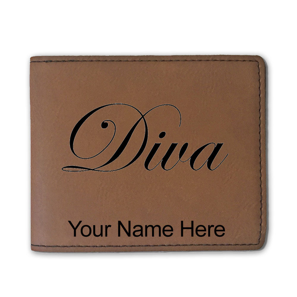 Faux Leather Bi-Fold Wallet, Diva, Personalized Engraving Included