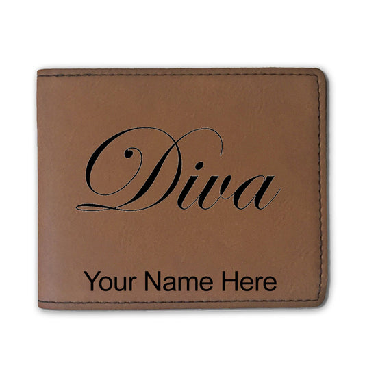 Faux Leather Bi-Fold Wallet, Diva, Personalized Engraving Included