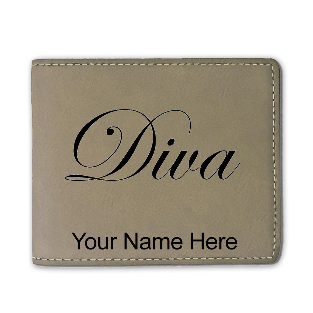 Faux Leather Bi-Fold Wallet, Diva, Personalized Engraving Included