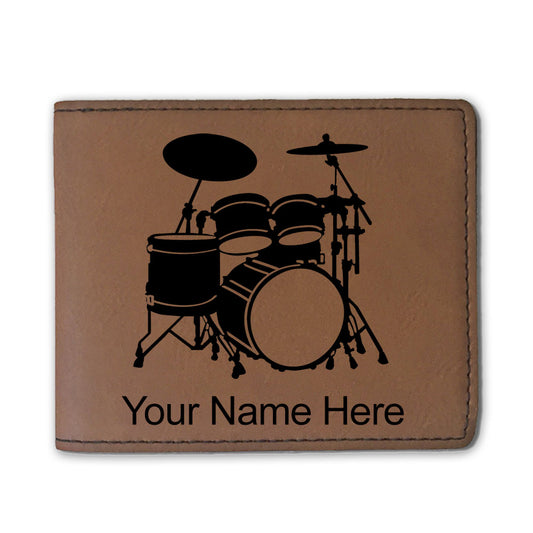 Faux Leather Bi-Fold Wallet, Drum Set, Personalized Engraving Included