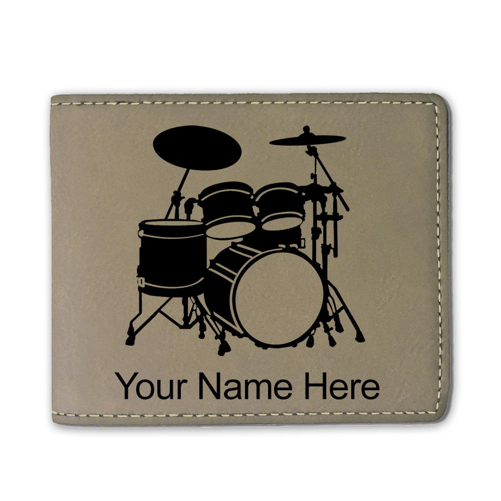 Faux Leather Bi-Fold Wallet, Drum Set, Personalized Engraving Included