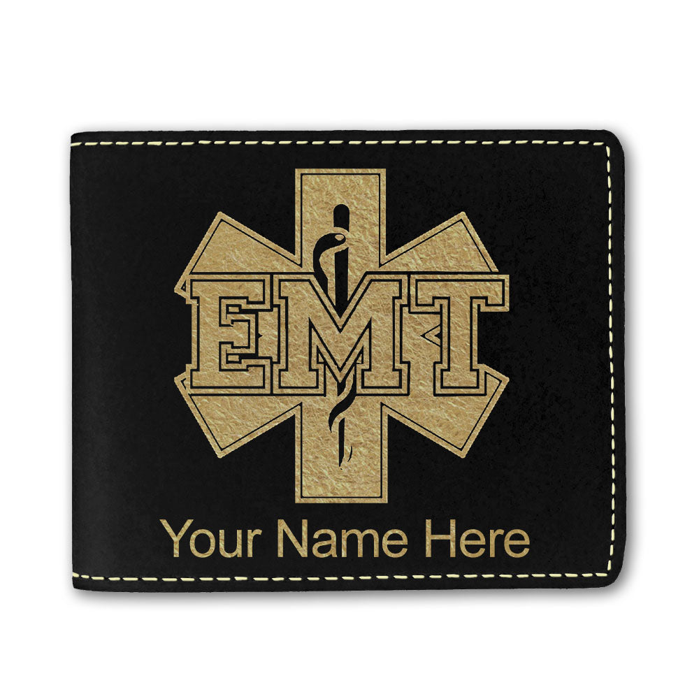 Faux Leather Bi-Fold Wallet, EMT Emergency Medical Technician, Personalized Engraving Included