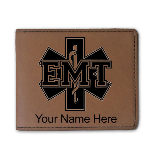 Faux Leather Bi-Fold Wallet, EMT Emergency Medical Technician, Personalized Engraving Included