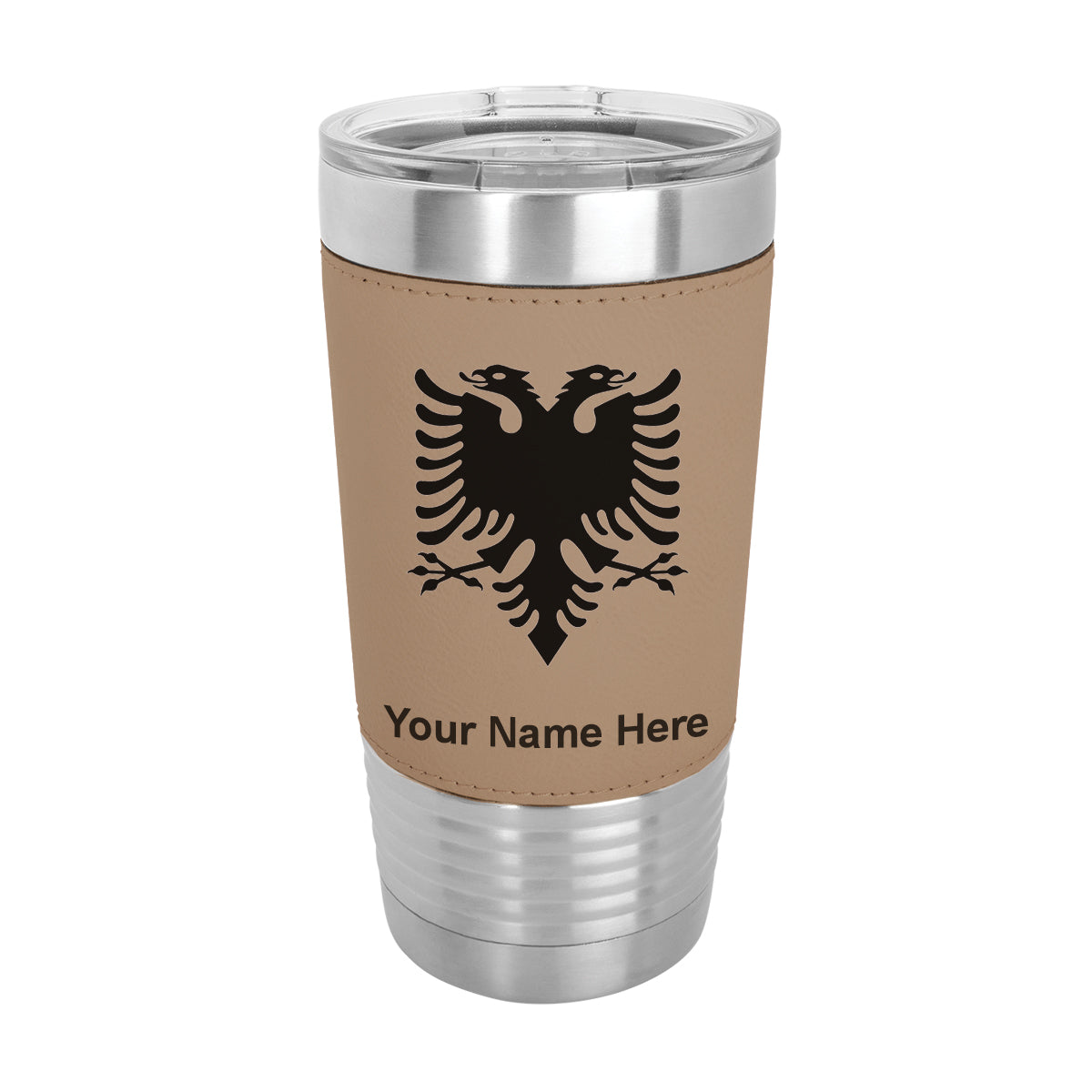 20oz Faux Leather Tumbler Mug, Flag of Albania, Personalized Engraving Included - LaserGram Custom Engraved Gifts