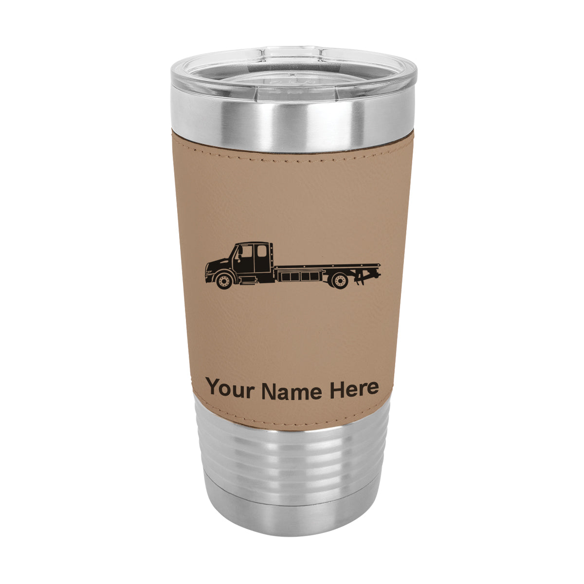 20oz Faux Leather Tumbler Mug, Flat Bed Tow Truck, Personalized Engraving Included - LaserGram Custom Engraved Gifts