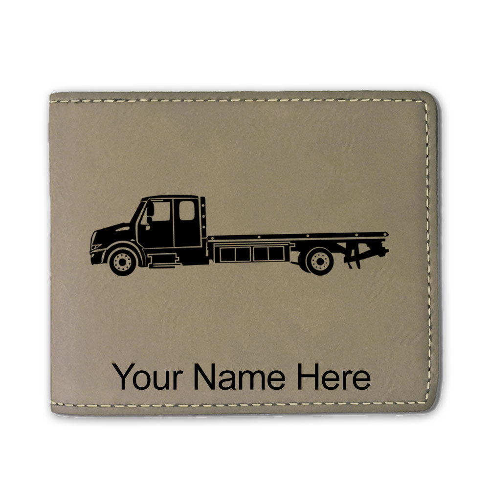 Faux Leather Bi-Fold Wallet, Flat Bed Tow Truck, Personalized Engraving Included