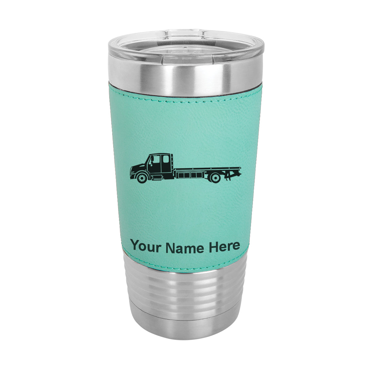 20oz Faux Leather Tumbler Mug, Flat Bed Tow Truck, Personalized Engraving Included - LaserGram Custom Engraved Gifts