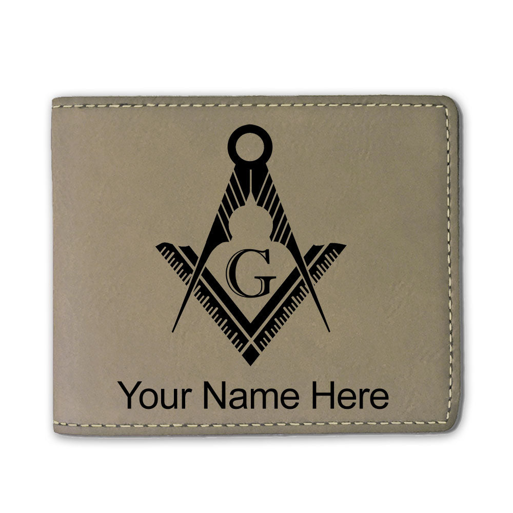 Faux Leather Bi-Fold Wallet, Freemason Symbol, Personalized Engraving Included
