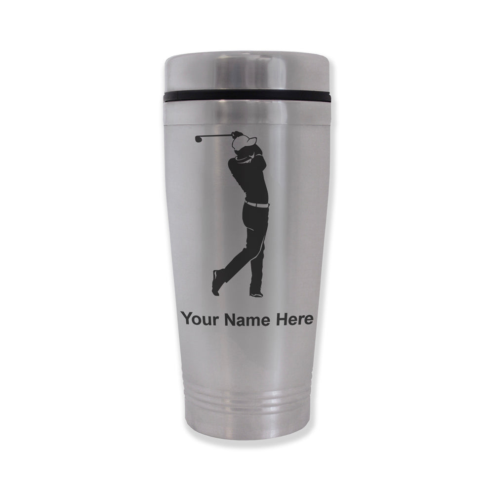 Commuter Travel Mug, Golfer Golfing, Personalized Engraving Included