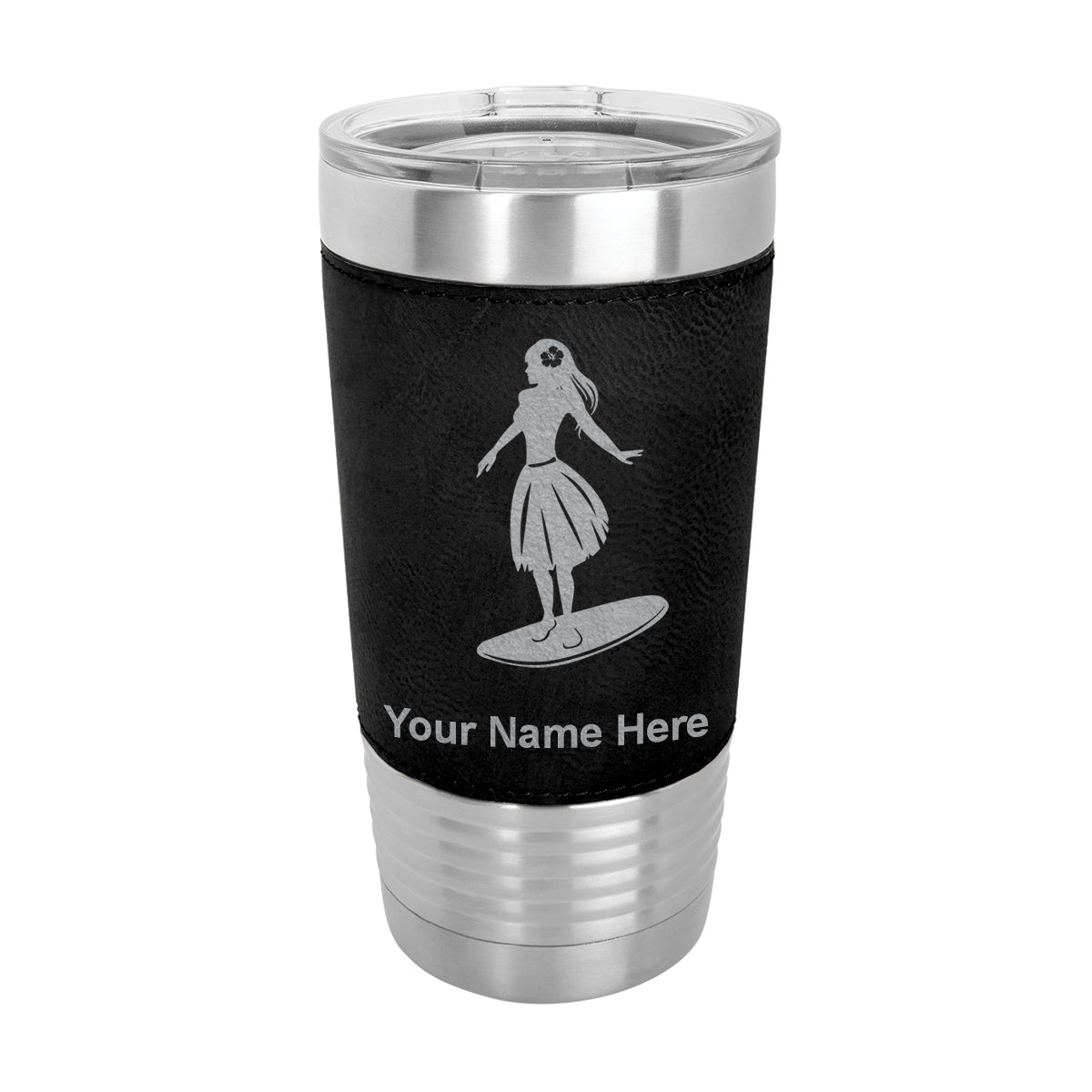 20oz Faux Leather Tumbler Mug, Hawaiian Surfer Girl, Personalized Engraving Included - LaserGram Custom Engraved Gifts