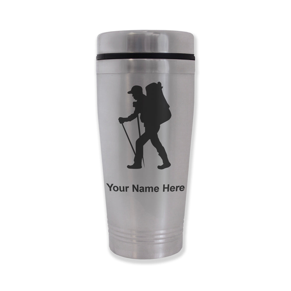 Commuter Travel Mug, Hiker Man, Personalized Engraving Included