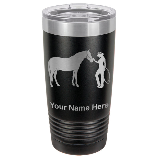 20oz Vacuum Insulated Tumbler Mug, Horse and Cowgirl, Personalized Engraving Included