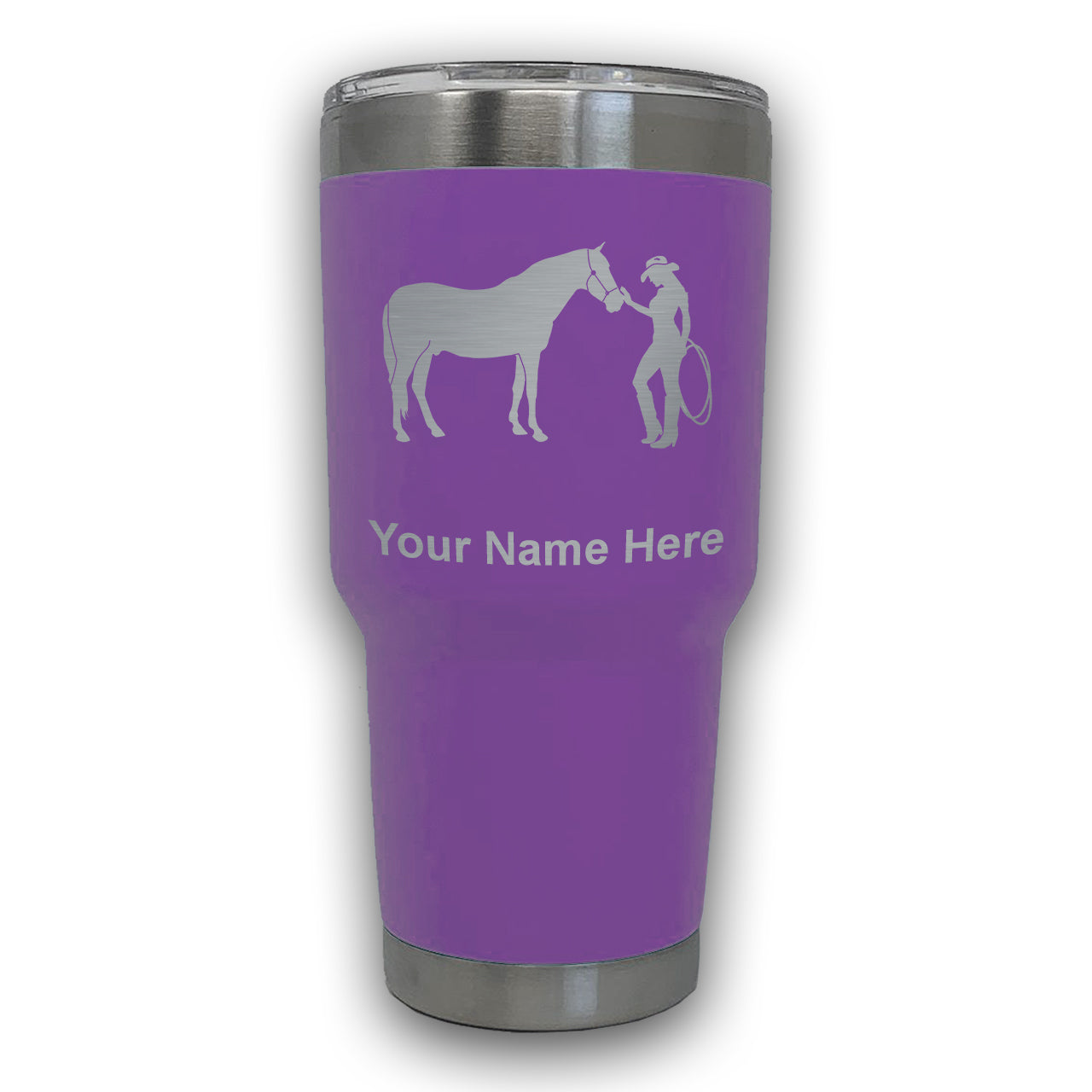LaserGram 30oz Tumbler Mug, Horse and Cowgirl, Personalized Engraving Included