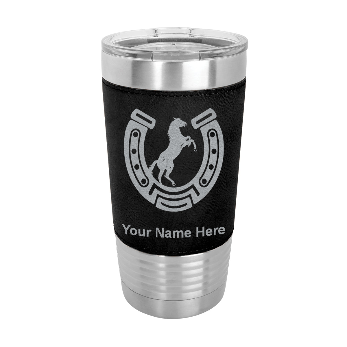 20oz Faux Leather Tumbler Mug, Horseshoe with Horse, Personalized Engraving Included - LaserGram Custom Engraved Gifts