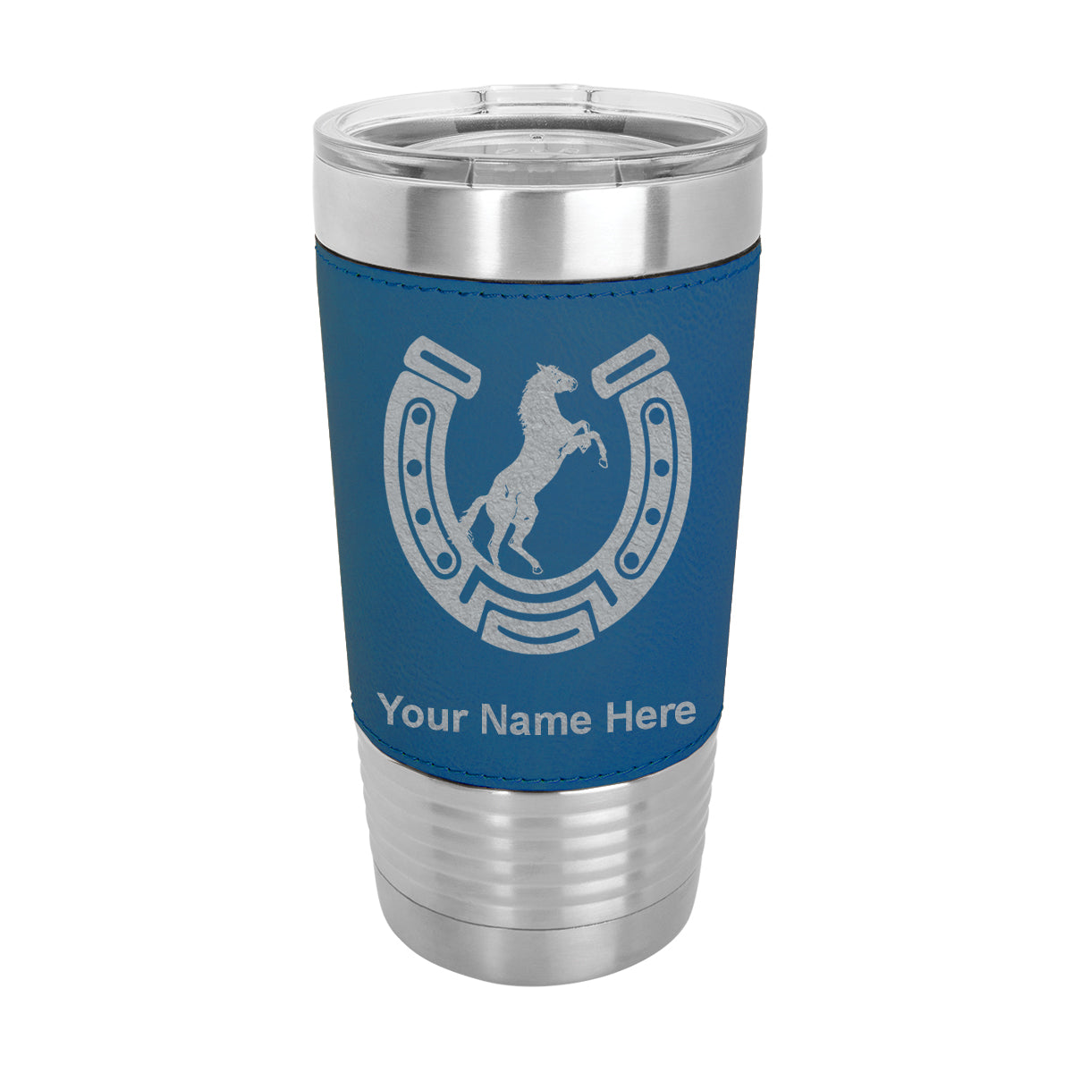 20oz Faux Leather Tumbler Mug, Horseshoe with Horse, Personalized Engraving Included - LaserGram Custom Engraved Gifts
