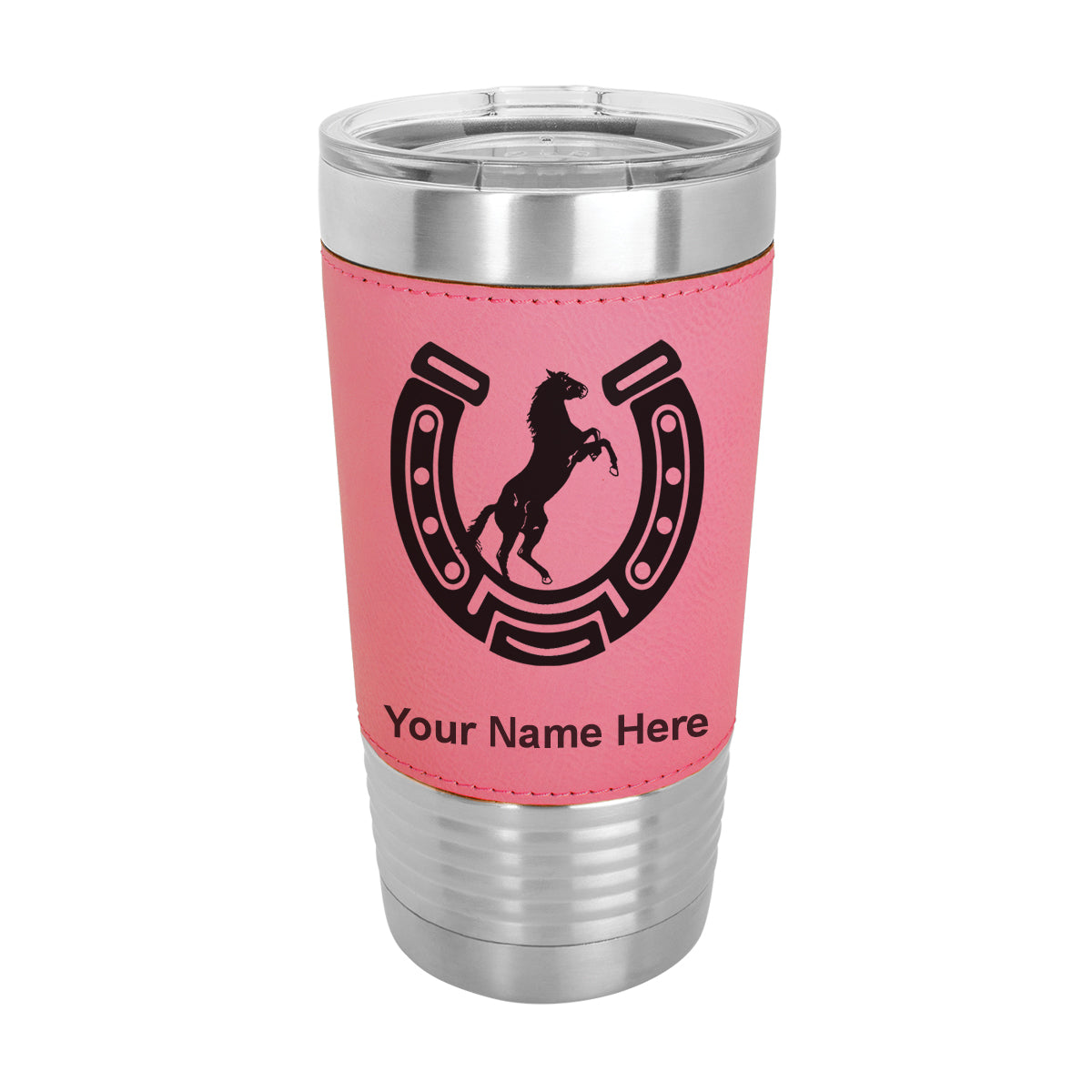 20oz Faux Leather Tumbler Mug, Horseshoe with Horse, Personalized Engraving Included - LaserGram Custom Engraved Gifts