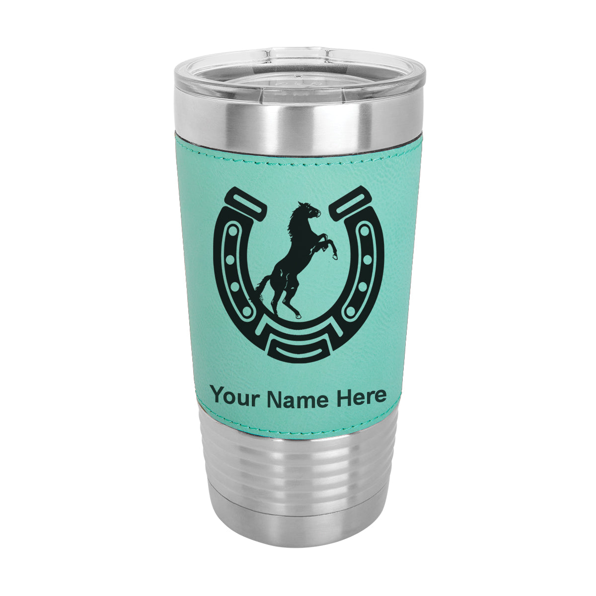 20oz Faux Leather Tumbler Mug, Horseshoe with Horse, Personalized Engraving Included - LaserGram Custom Engraved Gifts