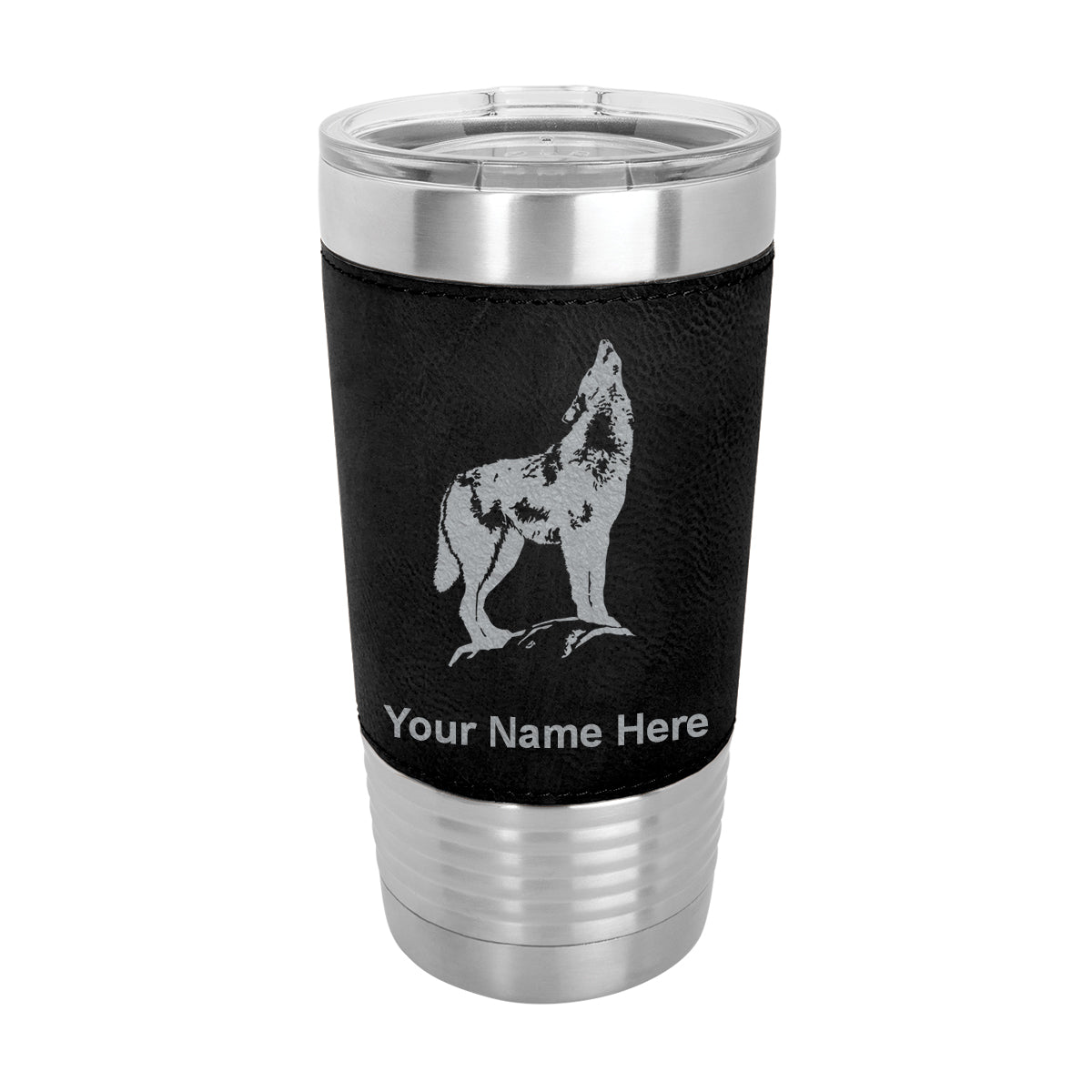 20oz Faux Leather Tumbler Mug, Howling Wolf, Personalized Engraving Included - LaserGram Custom Engraved Gifts