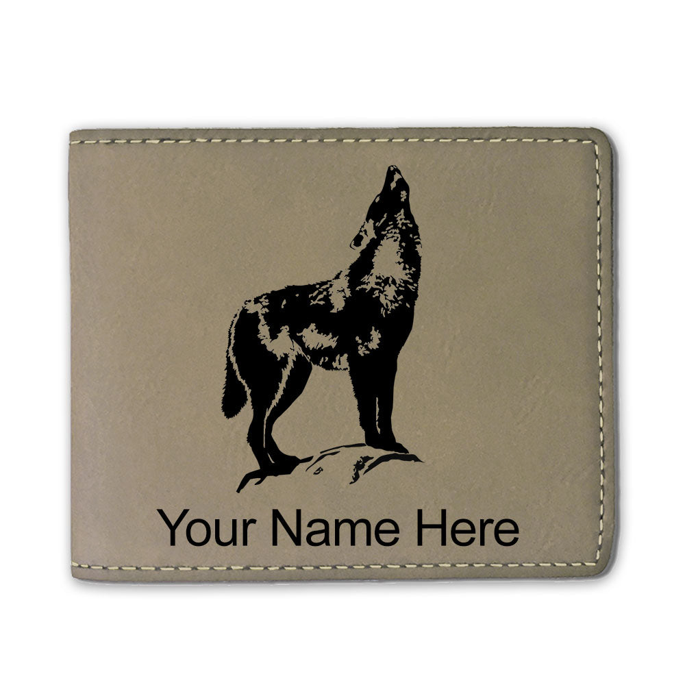Faux Leather Bi-Fold Wallet, Howling Wolf, Personalized Engraving Included