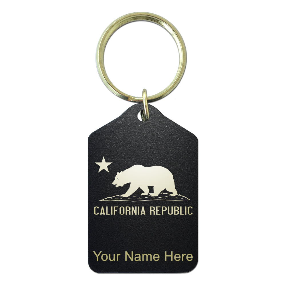 Black Metal Keychain, California Republic Bear Flag, Personalized Engraving Included