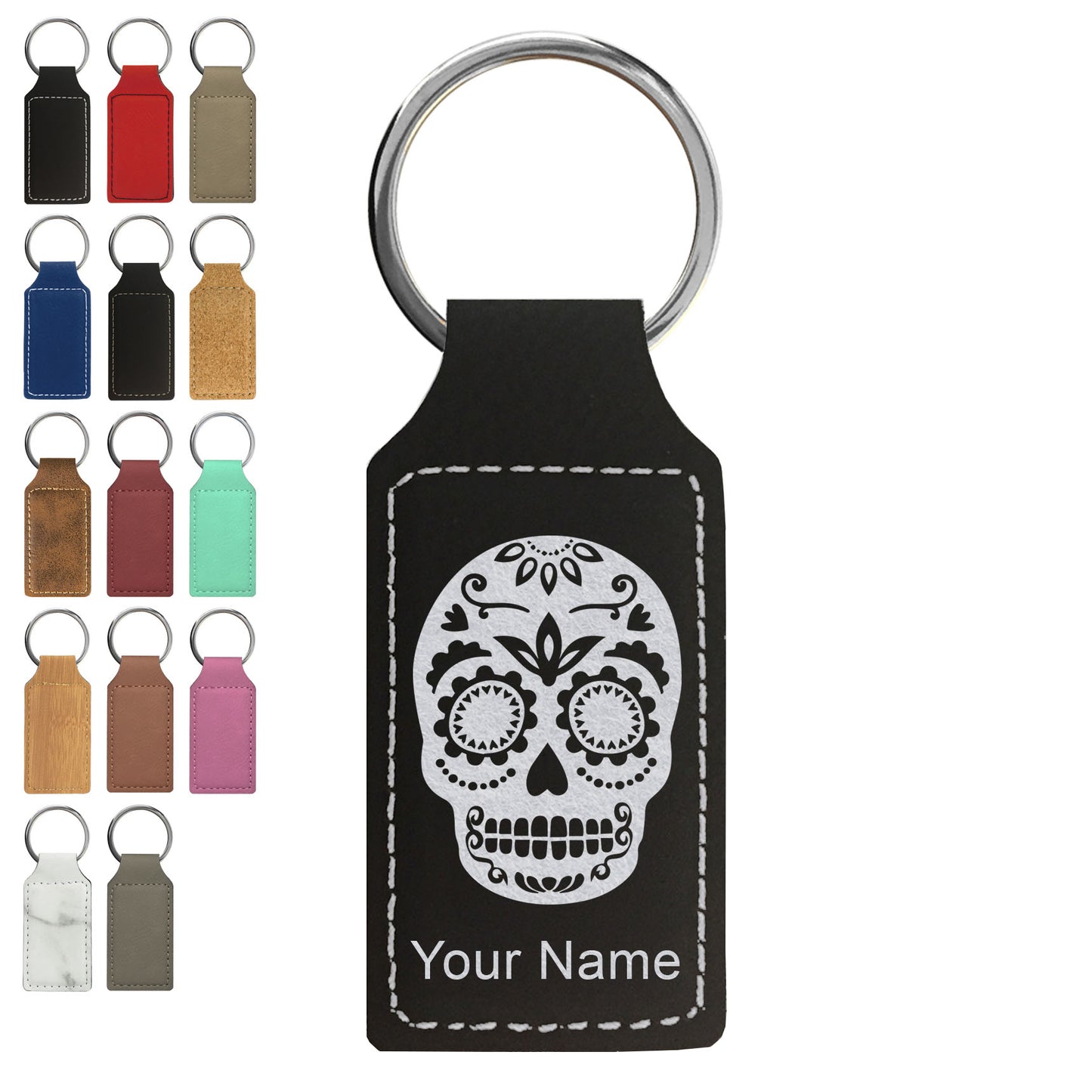 Faux Leather Rectangle Keychain, Day of the Dead, Personalized Engraving Included