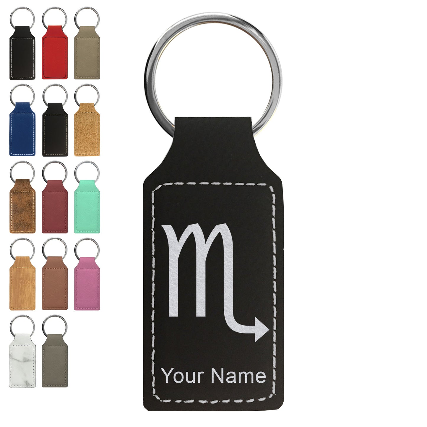 Faux Leather Rectangle Keychain, Zodiac Sign Scorpio, Personalized Engraving Included