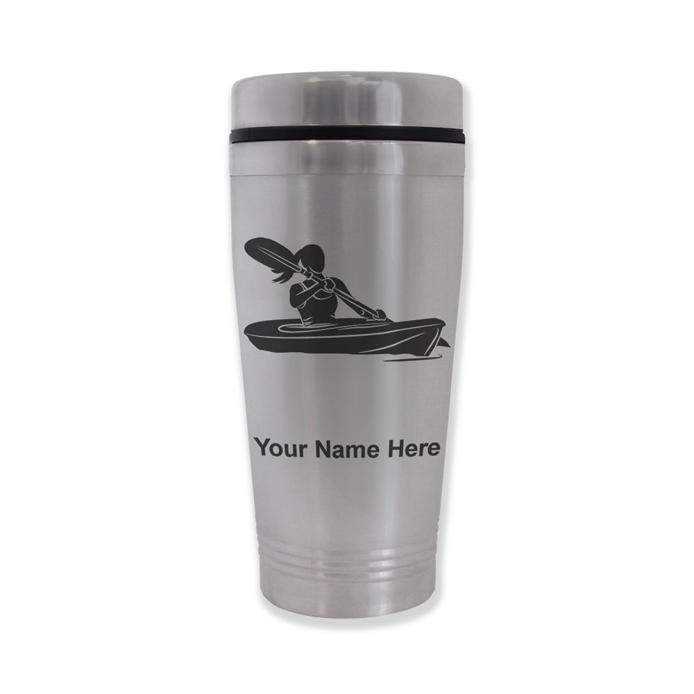 Commuter Travel Mug, Kayak Woman, Personalized Engraving Included