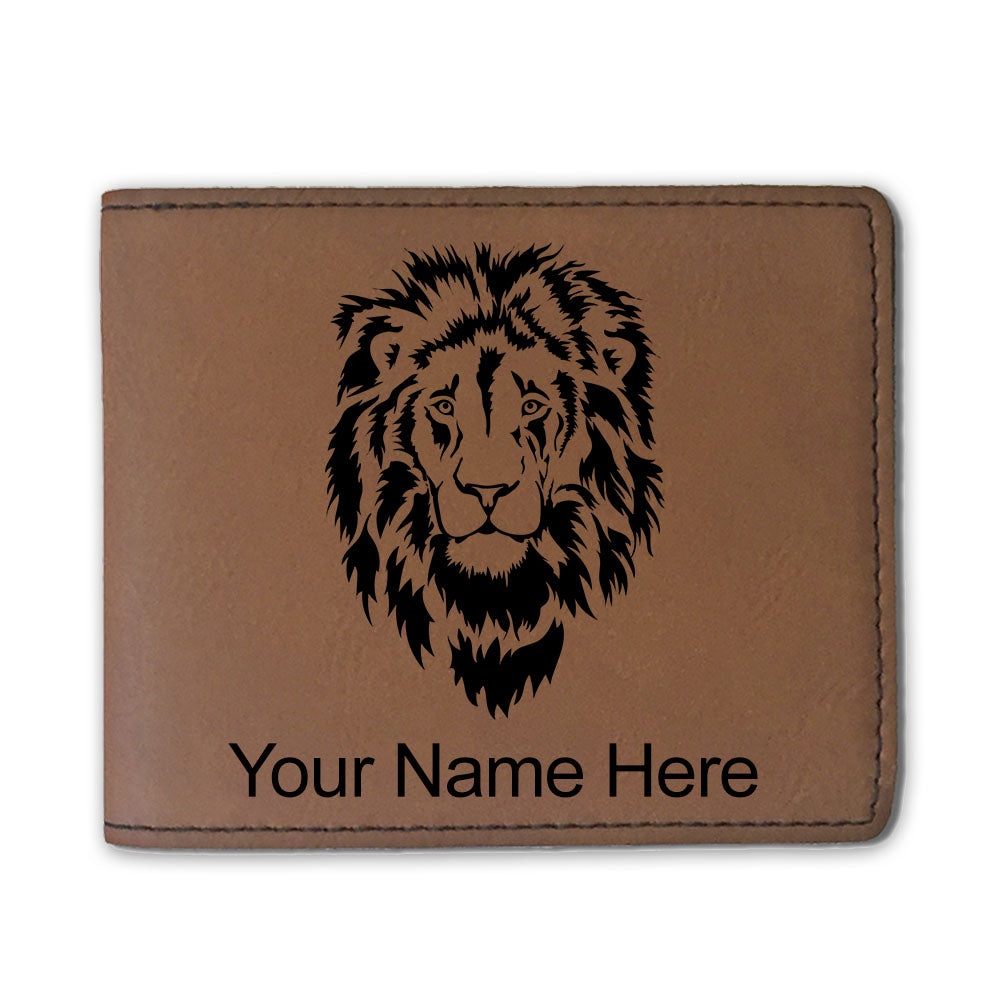 Faux Leather Bi-Fold Wallet, Lion Head, Personalized Engraving Included