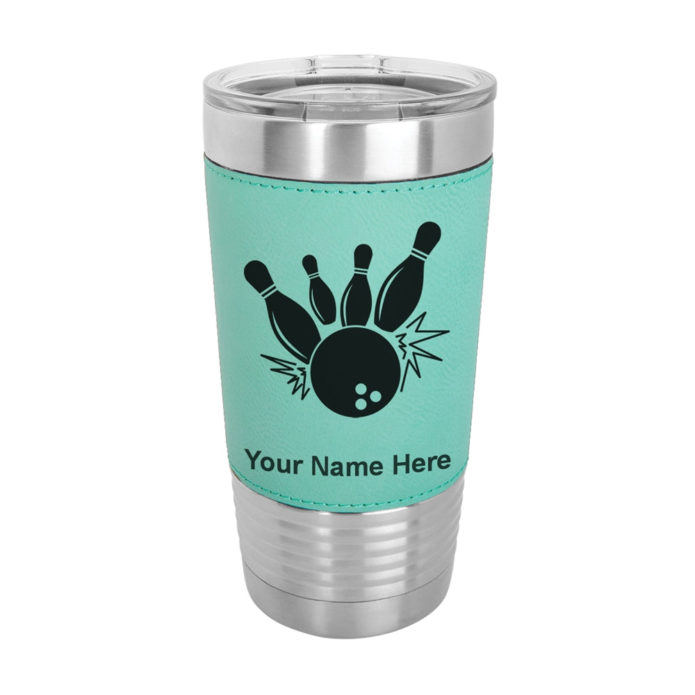 20oz Faux Leather Tumbler Mug, Bowling Ball and Pins, Personalized Engraving Included - LaserGram Custom Engraved Gifts